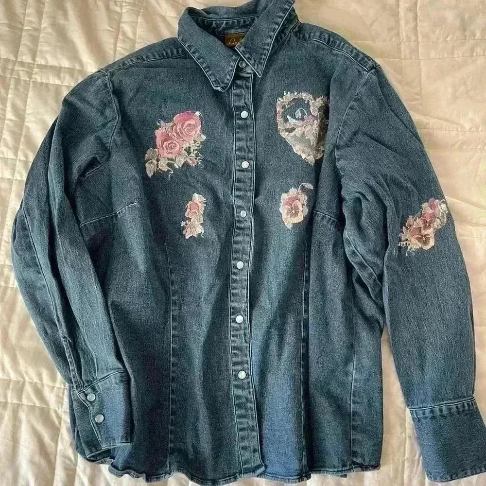Carlson long sleeve button up denim floral shirt XXL‎